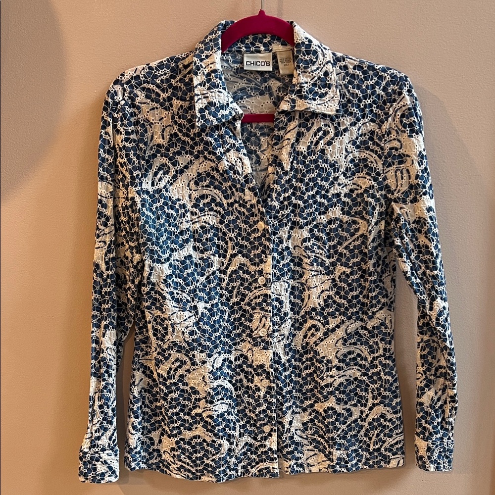 Chico's Navy & White Abstract Print Button-Up V-Neck Shirt/Jacket 💯 Cotton